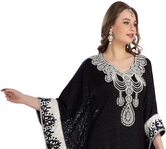 Load image into Gallery viewer, Dubai Kaftan With Embossed Fabric Printed Brasso &amp;amp; Silver Hand Work Abaya - Maxim Creation
