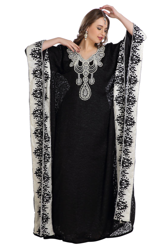 Load image into Gallery viewer, Dubai Kaftan With Embossed Fabric Printed Brasso &amp;amp; Silver Hand Work Abaya - Maxim Creation
