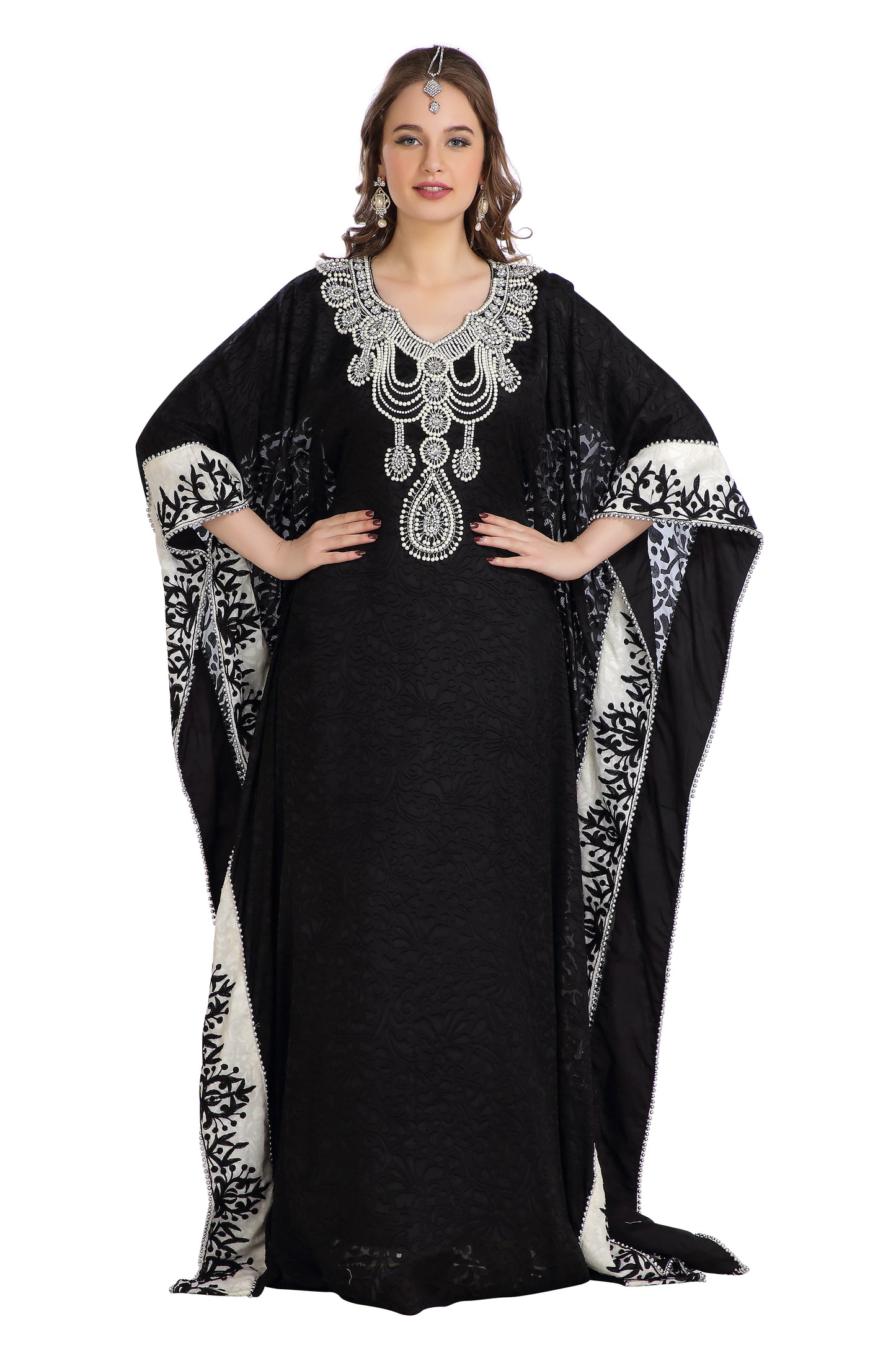 Dubai Kaftan With Embossed Fabric Printed Brasso & Silver Hand Work Abaya - Maxim Creation