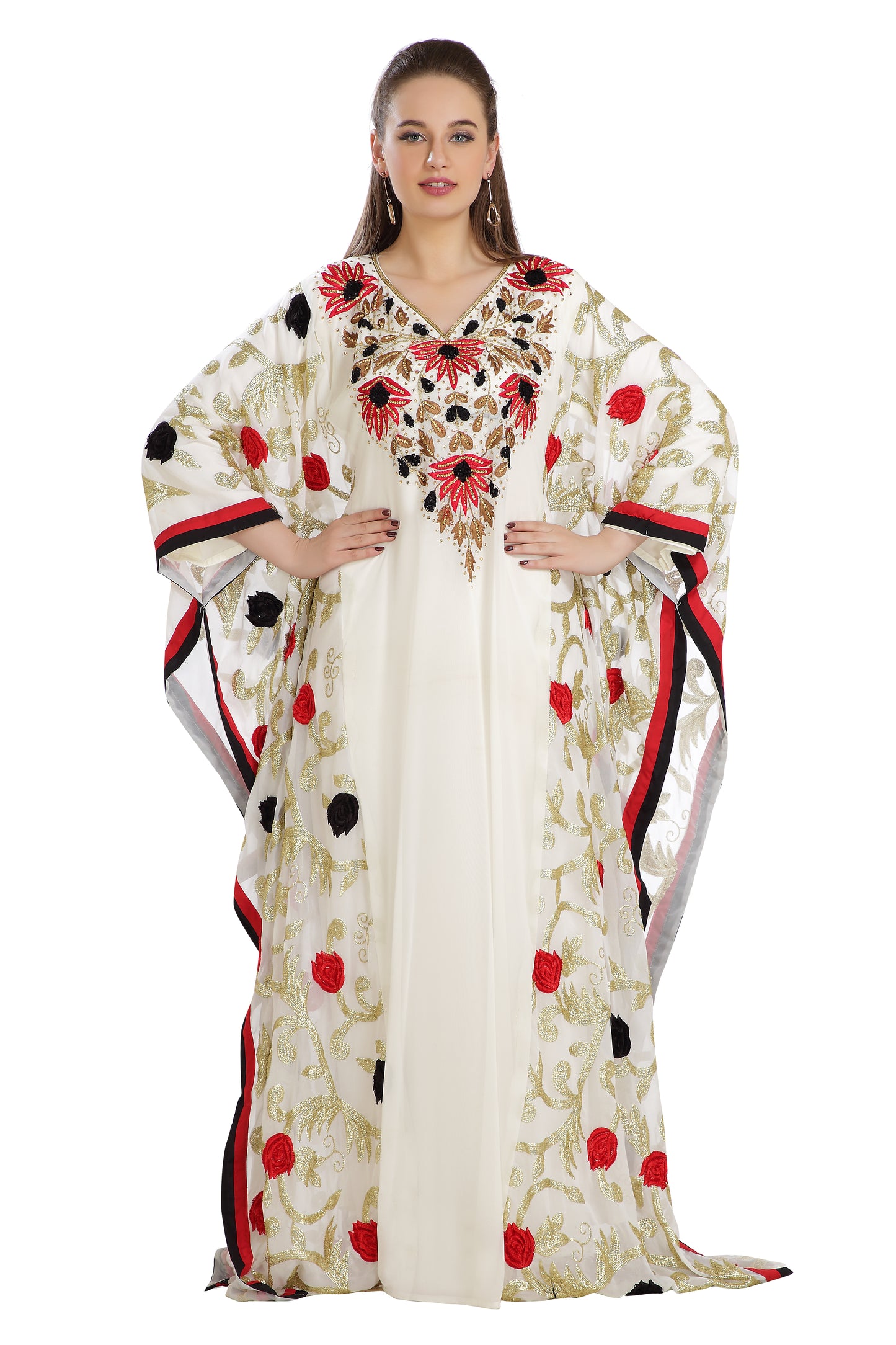 Embroidered Farasha Maxi in Red and Black Flowers - Maxim Creation