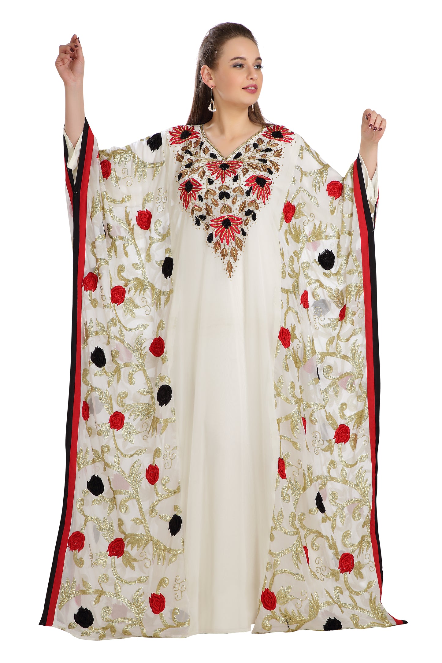 Embroidered Farasha Maxi in Red and Black Flowers - Maxim Creation