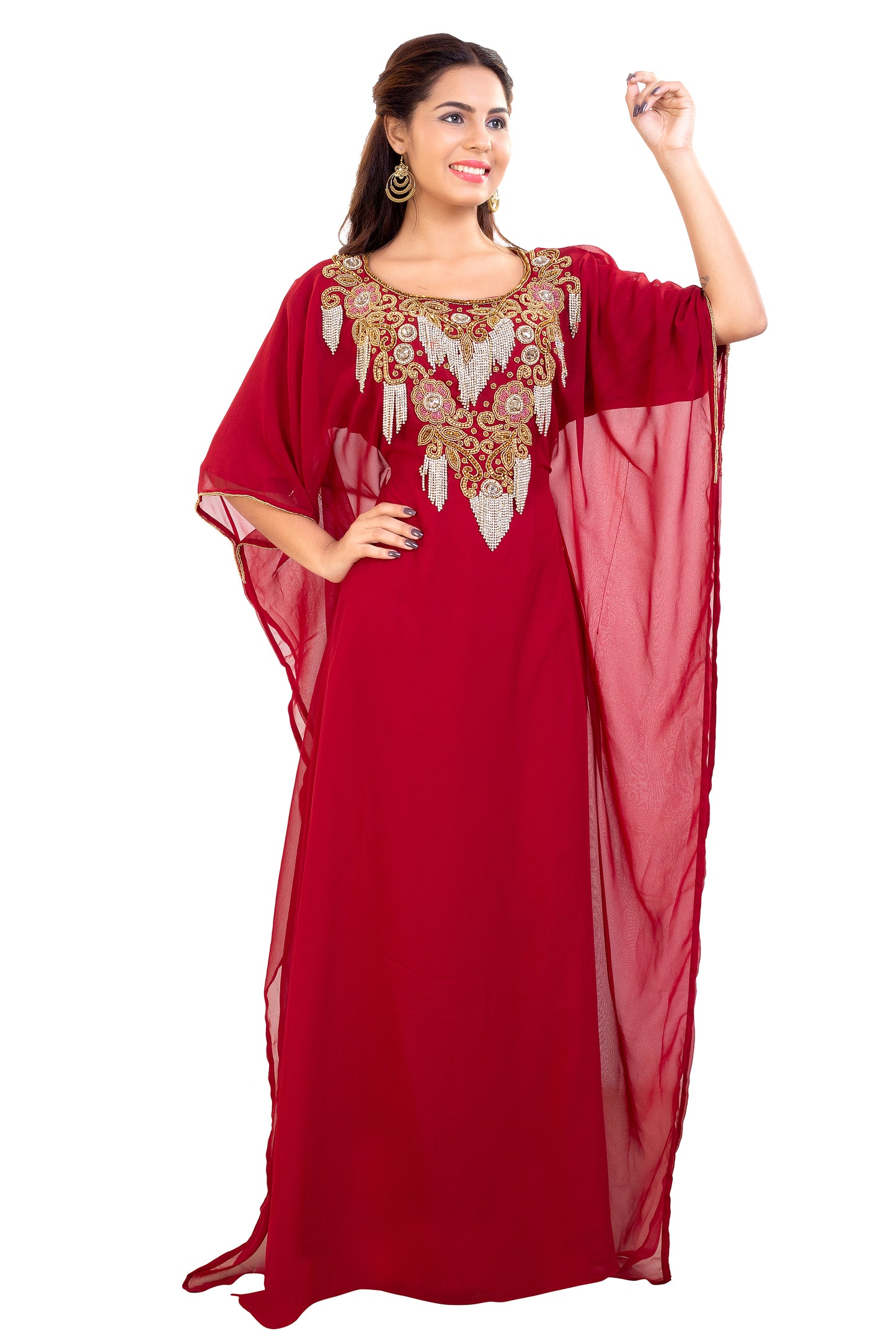 Embroidered Farasha Maxi Dress in Red - Maxim Creation