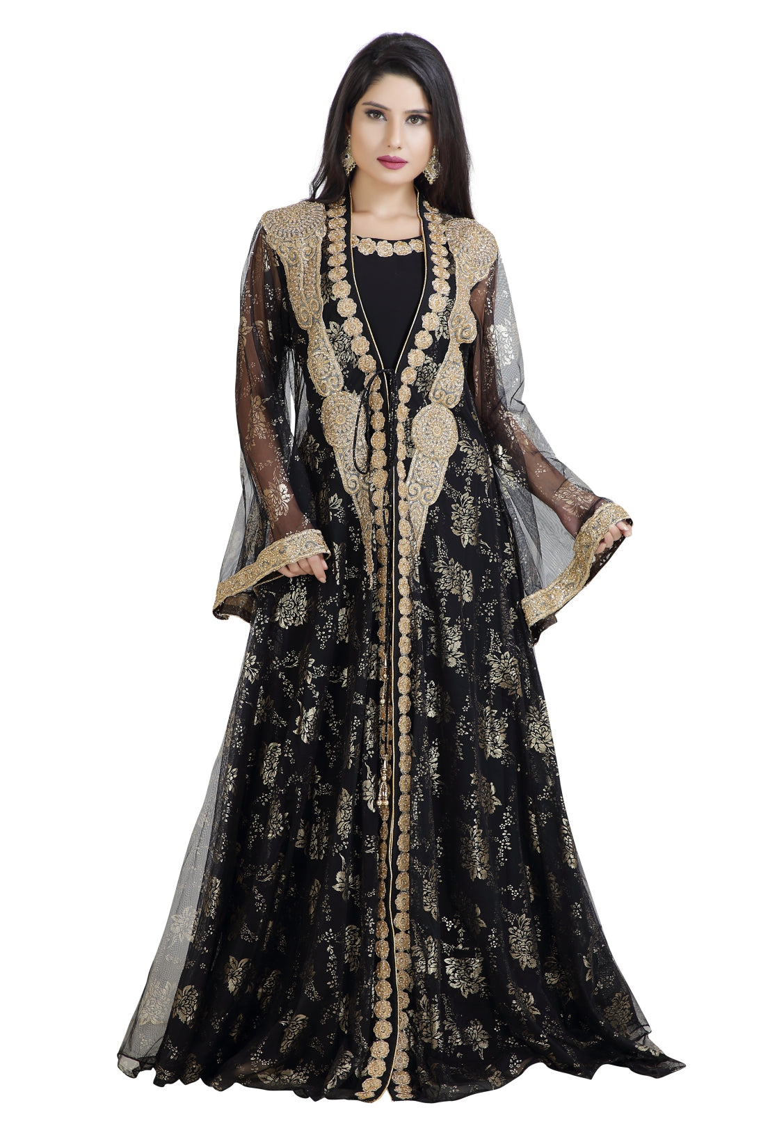 Arabian Gown Net Fabric Jasmine Bridesmaid Caftan S / 58 Inches / Black Arabian Gown Net Fabric Jasmine Bridesmaid Caftan S / 58 Inches / Black