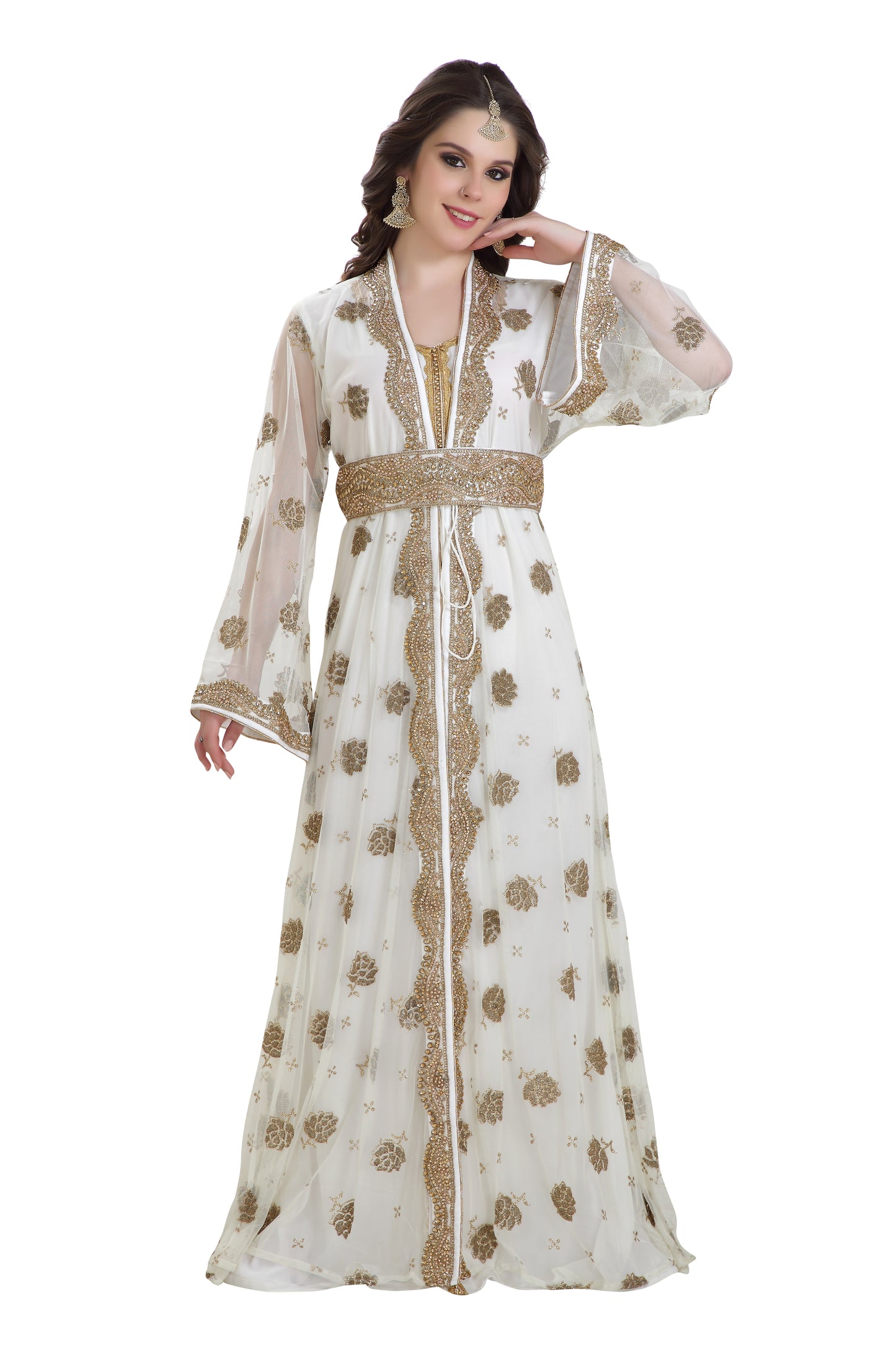 Load image into Gallery viewer, Golden Beaded Arabian Caftan Dress - Maxim Creation
