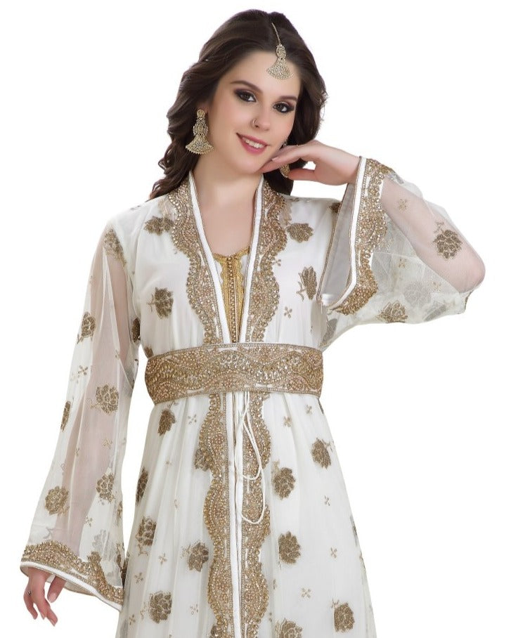 Golden Beaded Arabian Caftan Dress 3XL / 54 Inches / Matching Embroidered Scarf (24 X 71 Inches) Golden Beaded Arabian Caftan Dress 3XL / 54 Inches / Matching Embroidered Scarf (24 X 71 Inches)