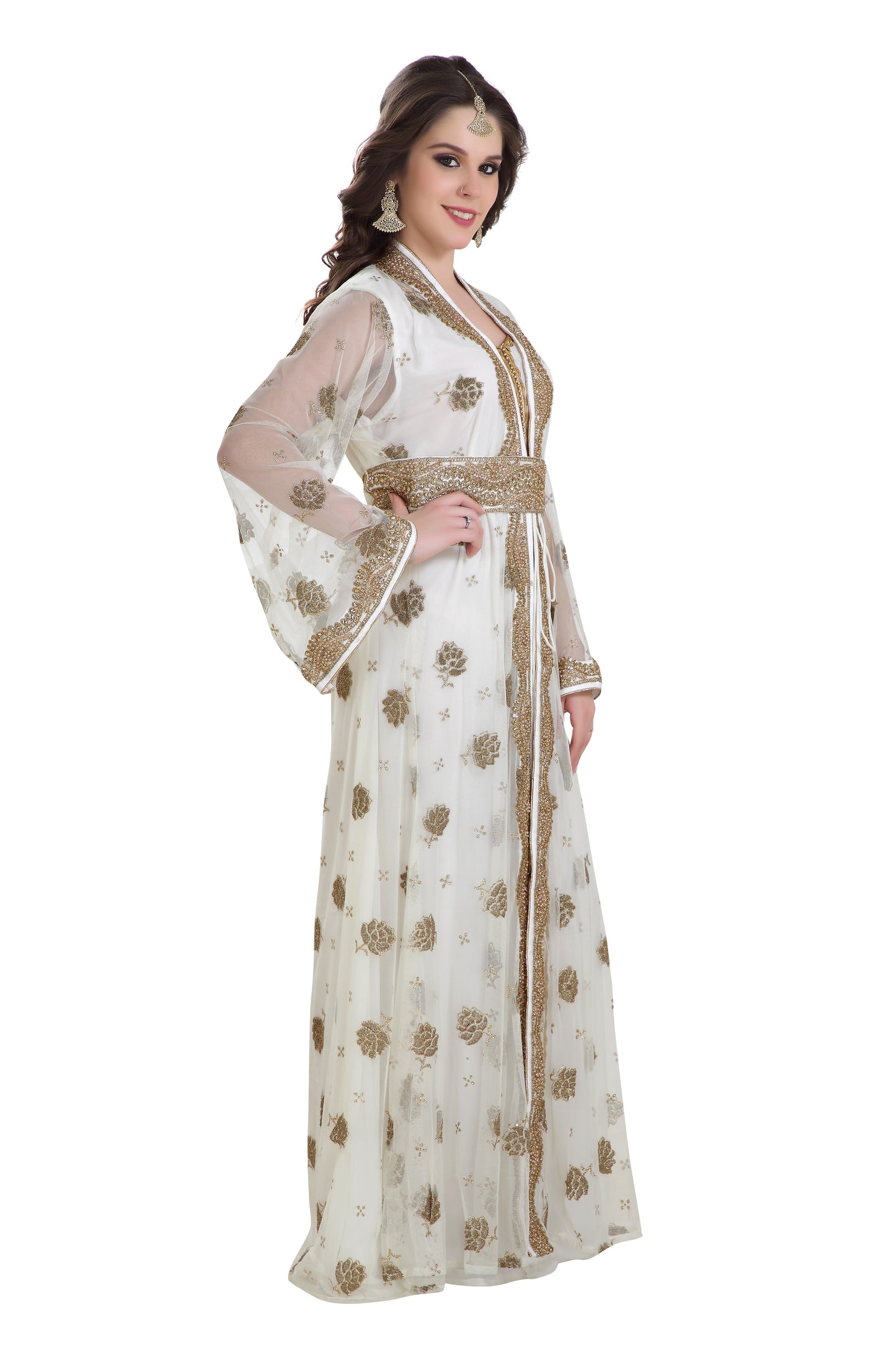 Golden Beaded Arabian Caftan Dress 3XL / 54 Inches / Matching Embroidered Scarf (24 X 71 Inches) Golden Beaded Arabian Caftan Dress 3XL / 54 Inches / Matching Embroidered Scarf (24 X 71 Inches)