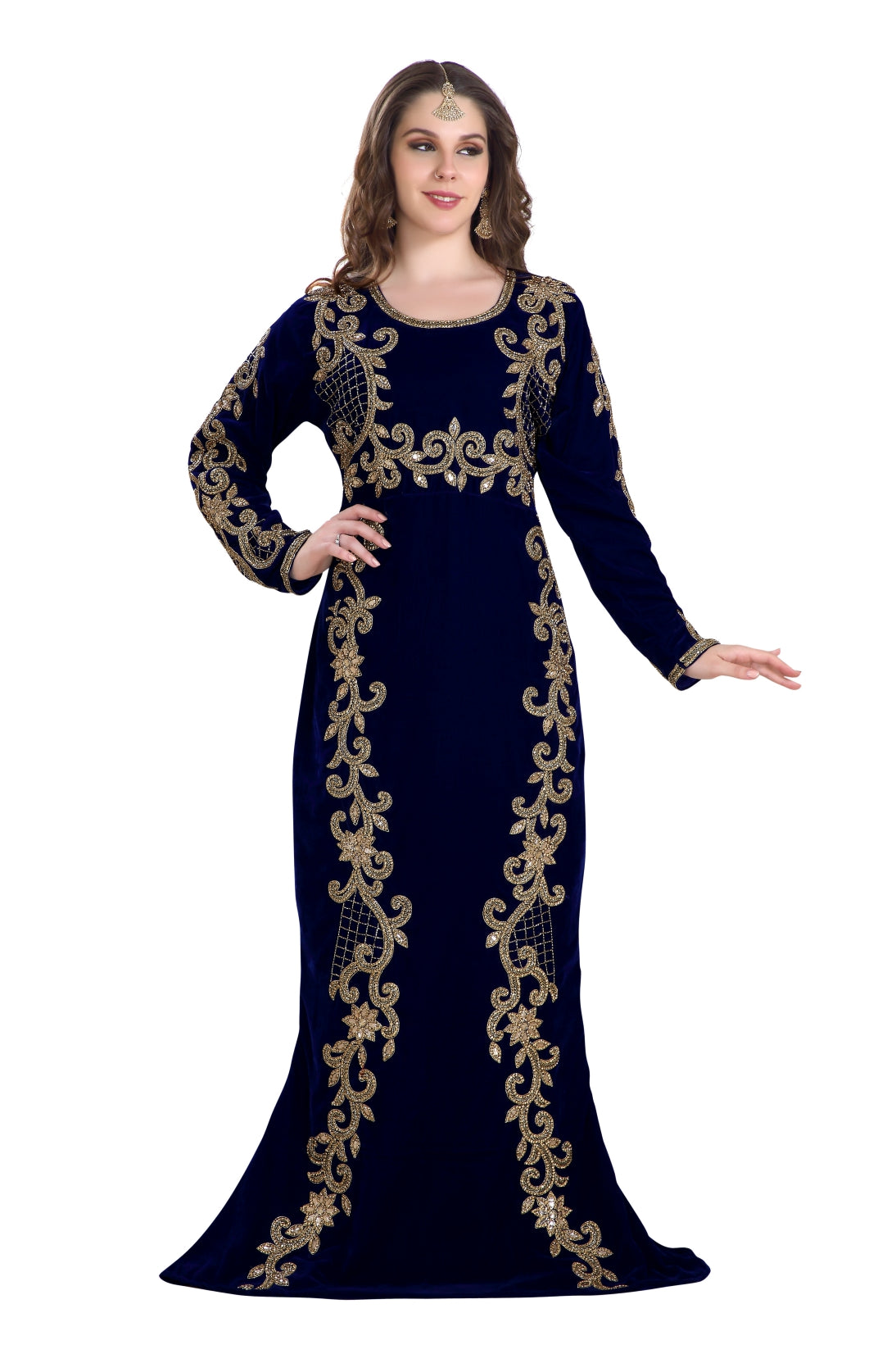 Load image into Gallery viewer, Fishcut Gown Navy Blue Velvet Crystal Moroccan Kaftan - Maxim Creation
