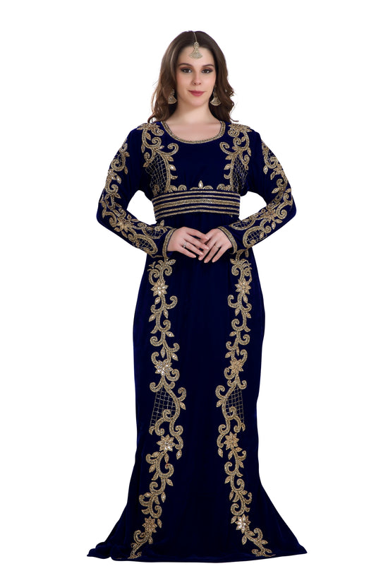 Load image into Gallery viewer, Fishcut Gown Navy Blue Velvet Crystal Moroccan Kaftan - Maxim Creation

