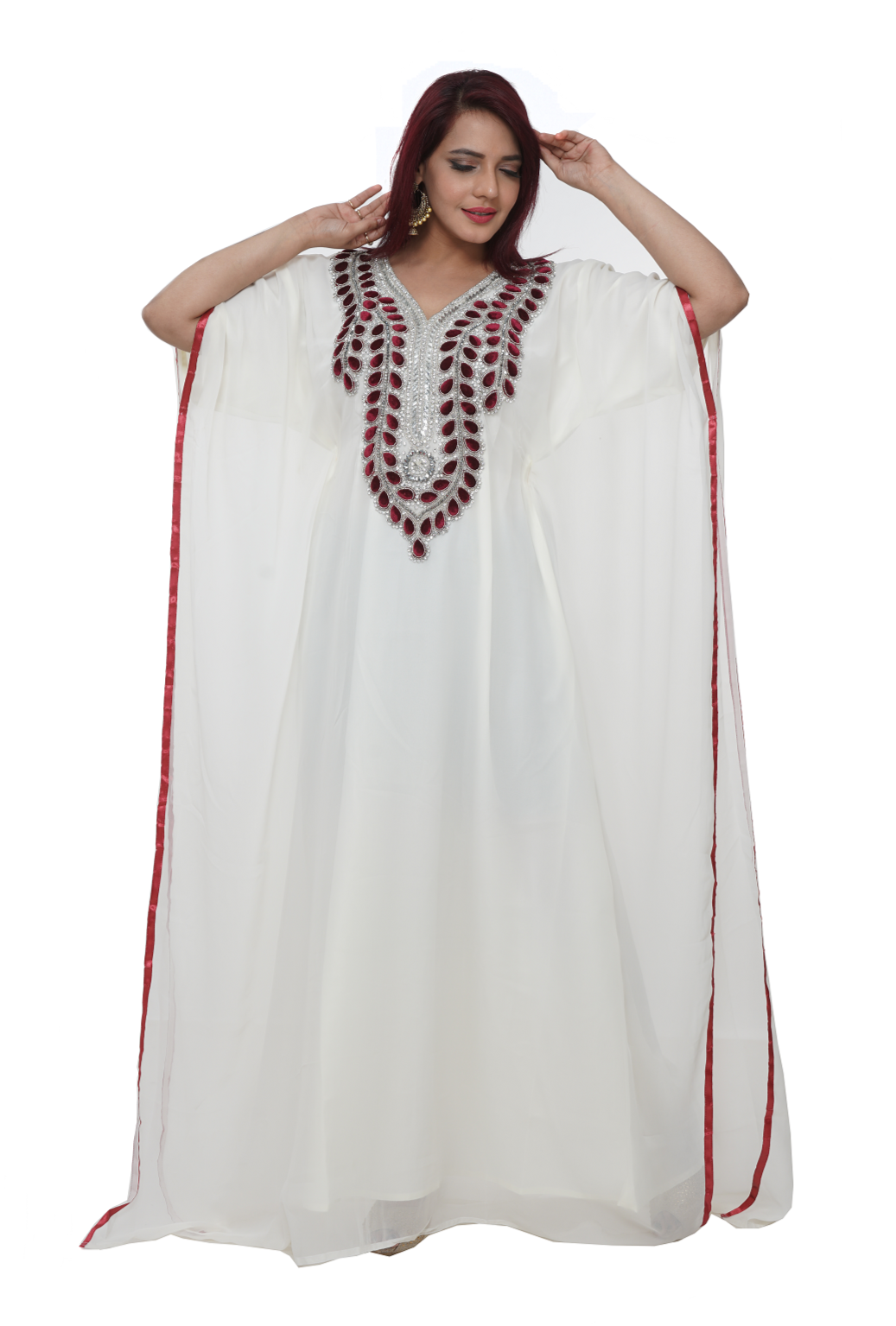 Load image into Gallery viewer, Farasha Gown with Maroon Velvet Motifs and Beads - Maxim Creation
