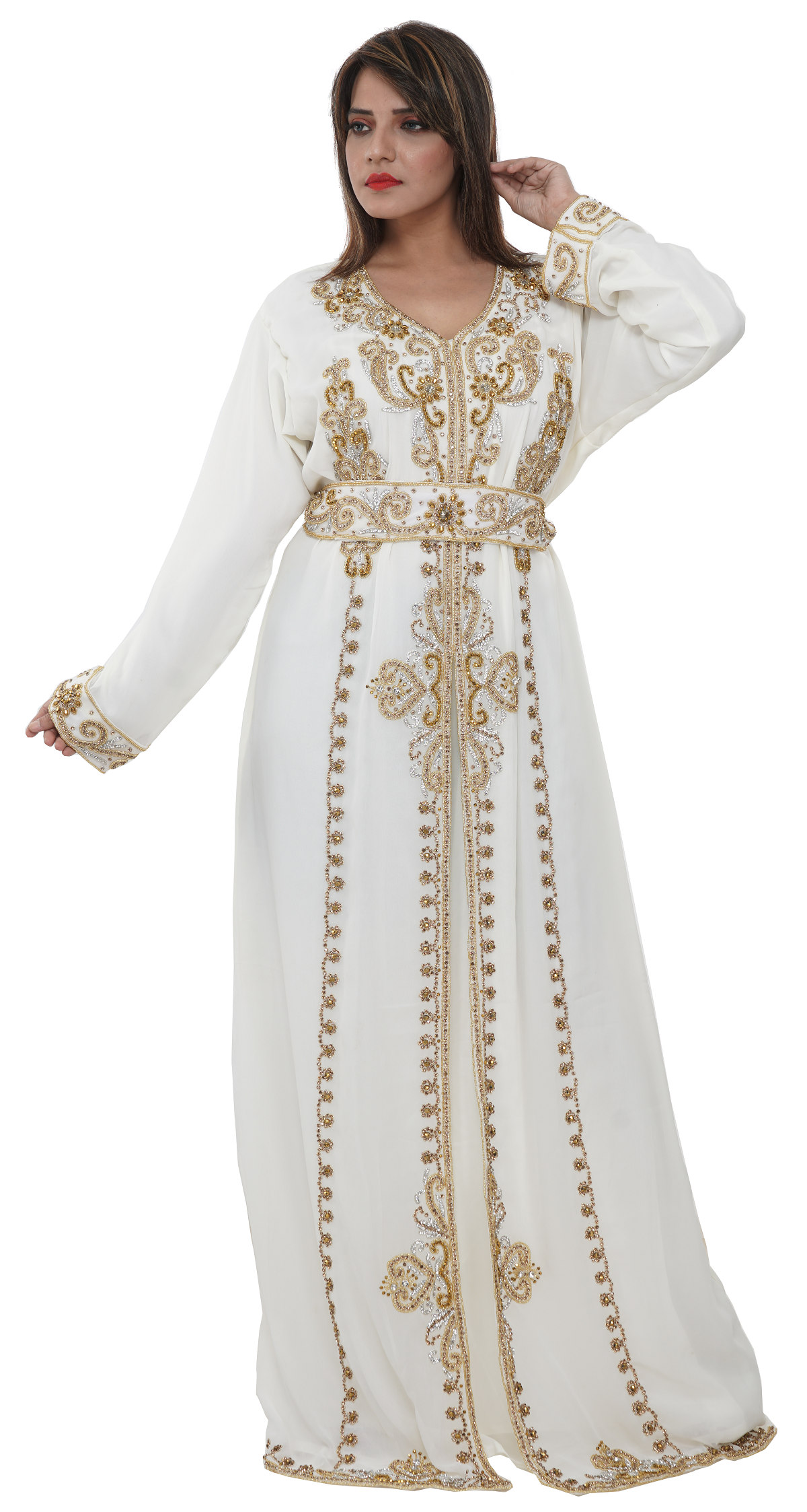 Load image into Gallery viewer, Embroidered Kaftan Gown With Golden Crystals - Maxim Creation

