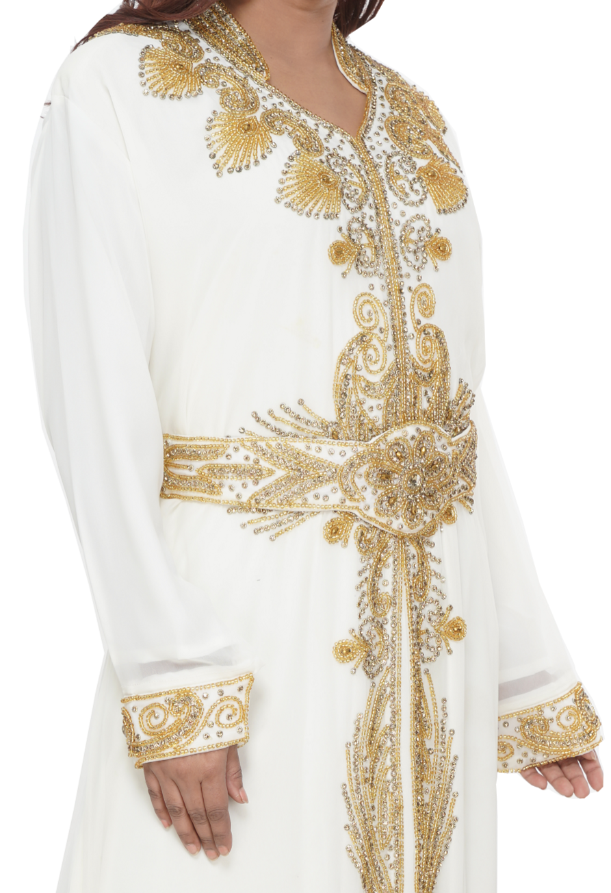 Load image into Gallery viewer, Kaftan Dress V-Neck with Collar with Golden Embroidery - Maxim Creation
