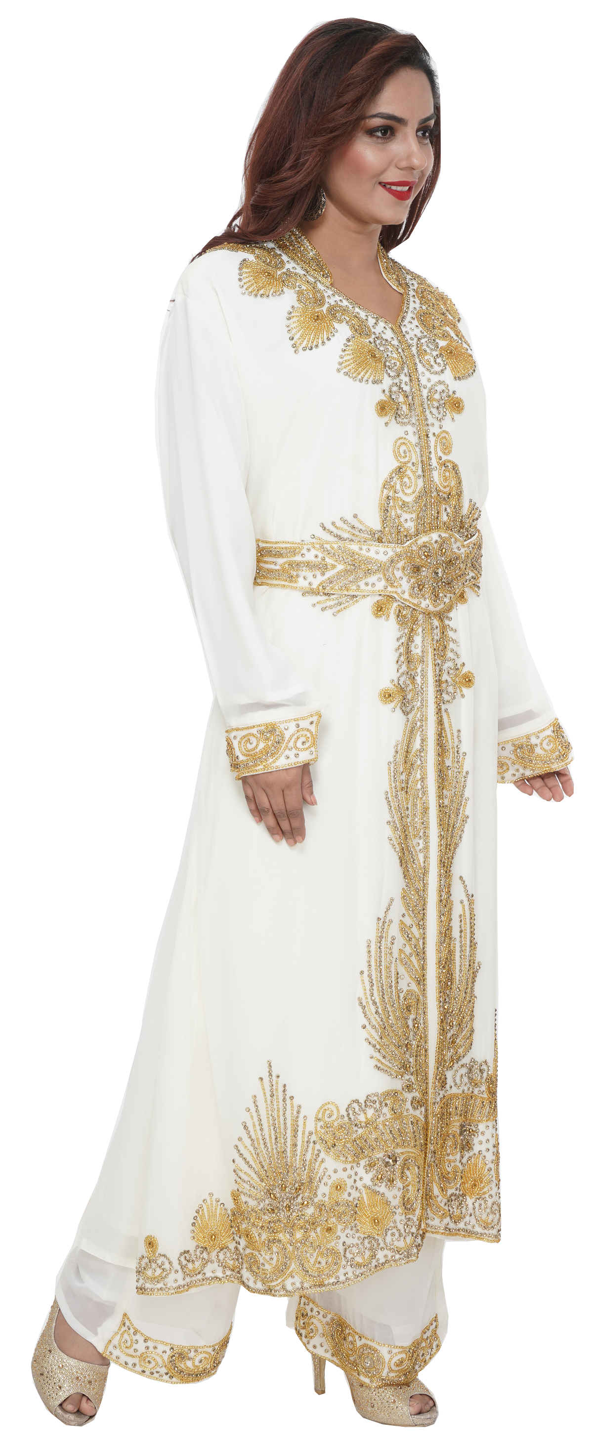 Kaftan Dress V-Neck with Collar with Golden Embroidery - Maxim Creation