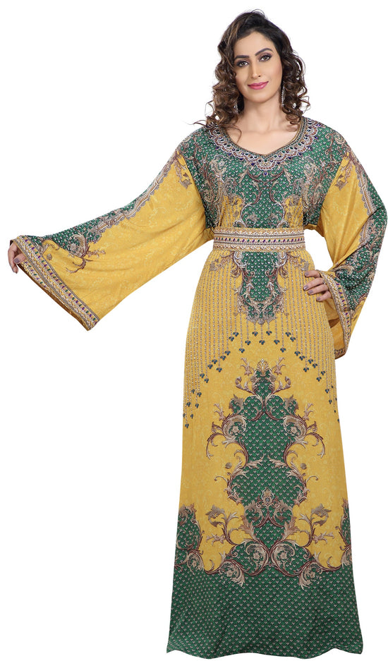 Charger l&amp;#39;image dans la galerie, Yellow Printed Kaftan with Crystal Luxe Beads - Maxim Creation

