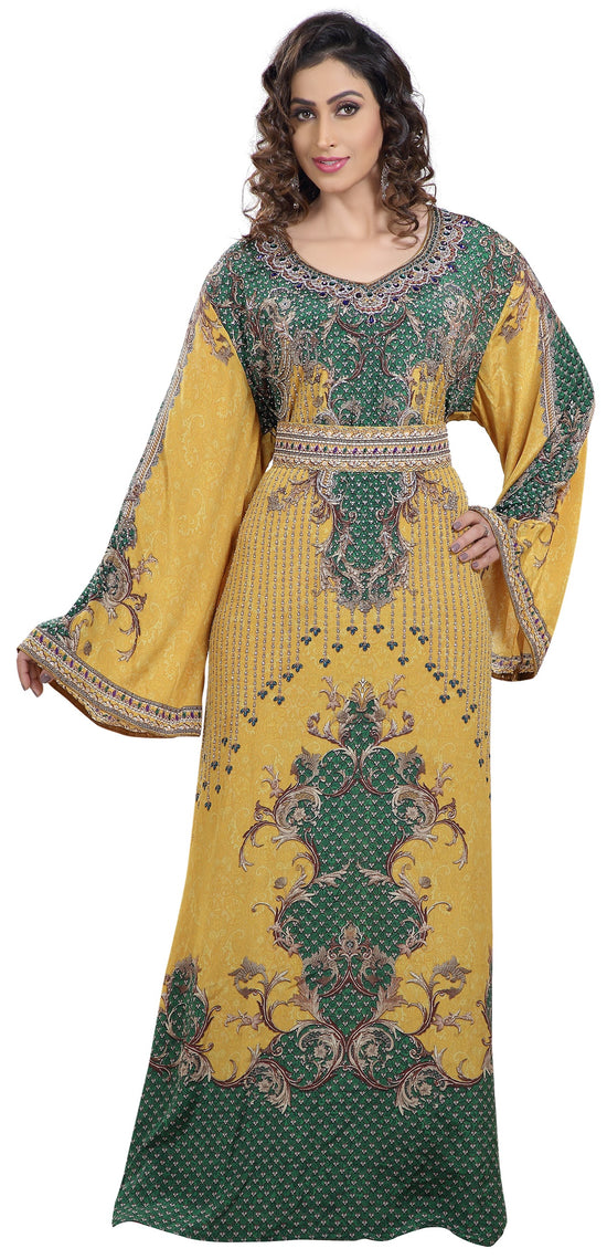 Yellow Printed Kaftan with Crystal Luxe Beads - Maxim Creation