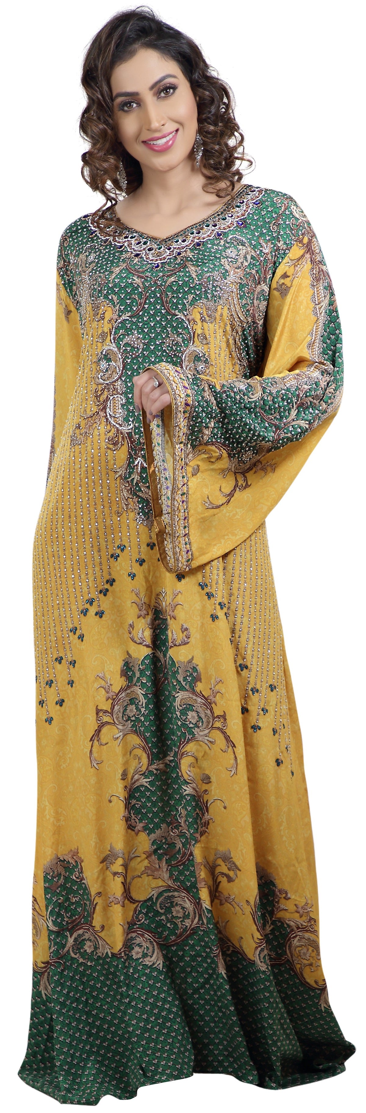 Yellow Printed Kaftan with Crystal Luxe Beads - Maxim Creation