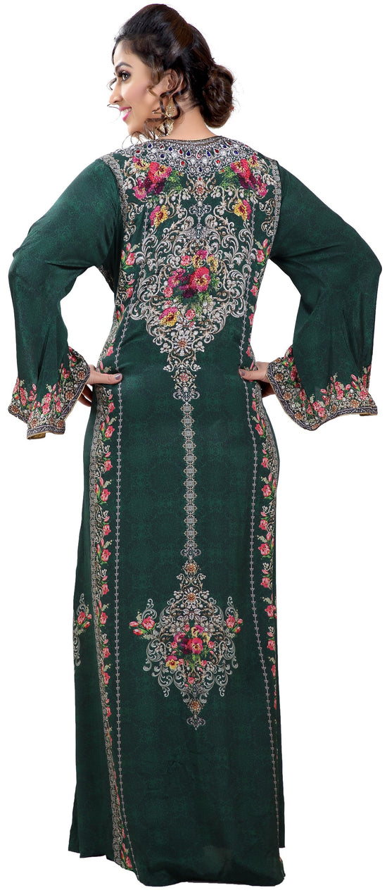 Floral Printed Fabric Kaftan with Embroidered Belt - Maxim Creation