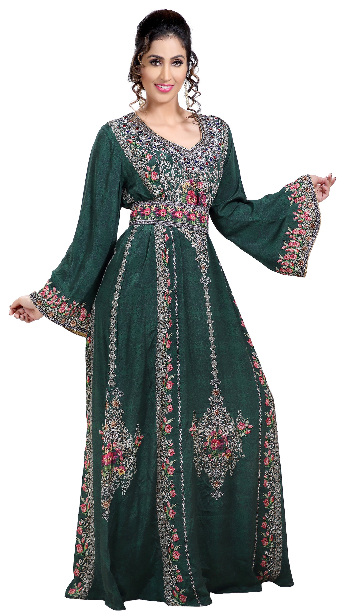 Floral Printed Fabric Kaftan with Embroidered Belt - Maxim Creation