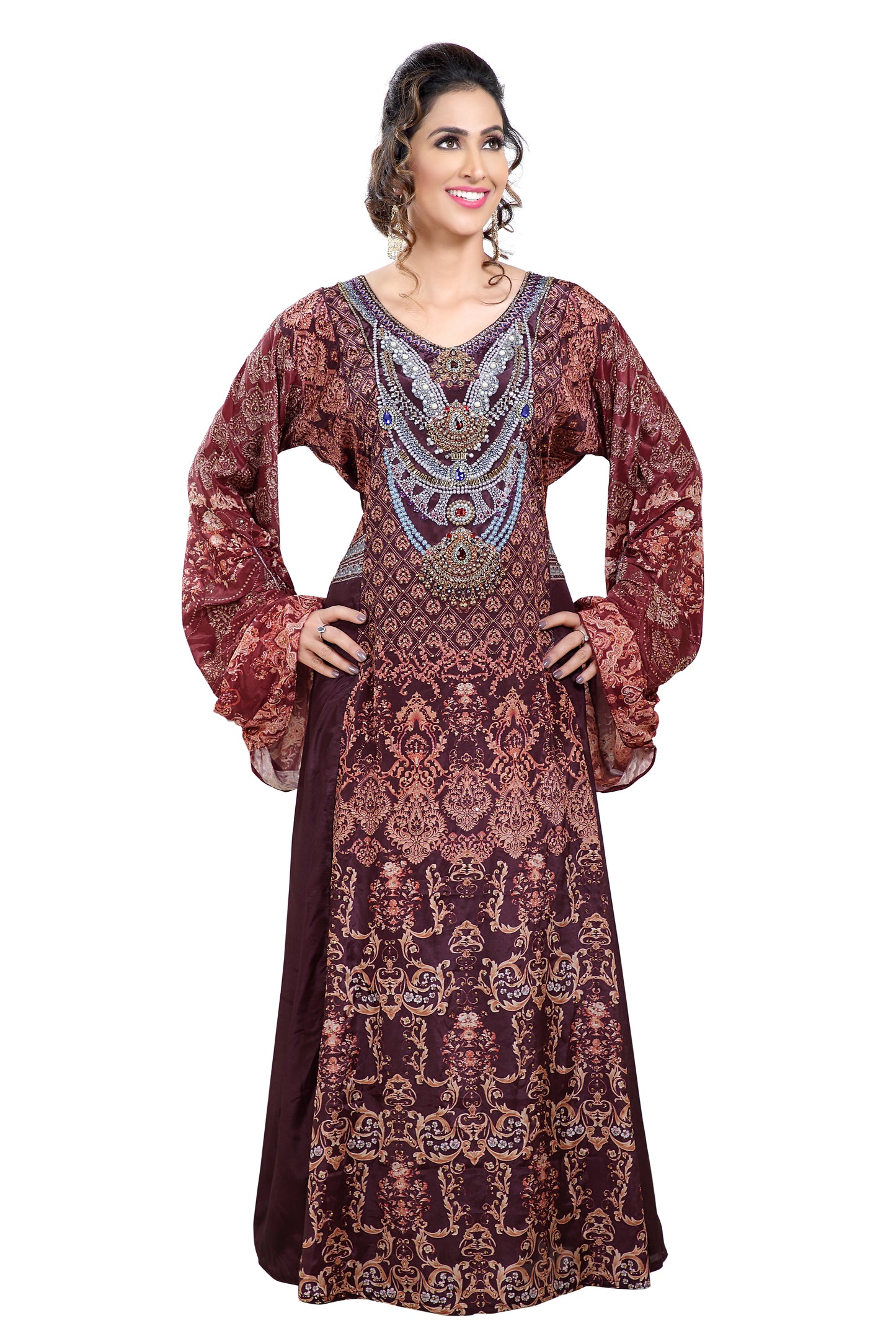Charger l&amp;#39;image dans la galerie, Arabian Dress With Mix Embroidered Digital Printed Kaftan - Maxim Creation

