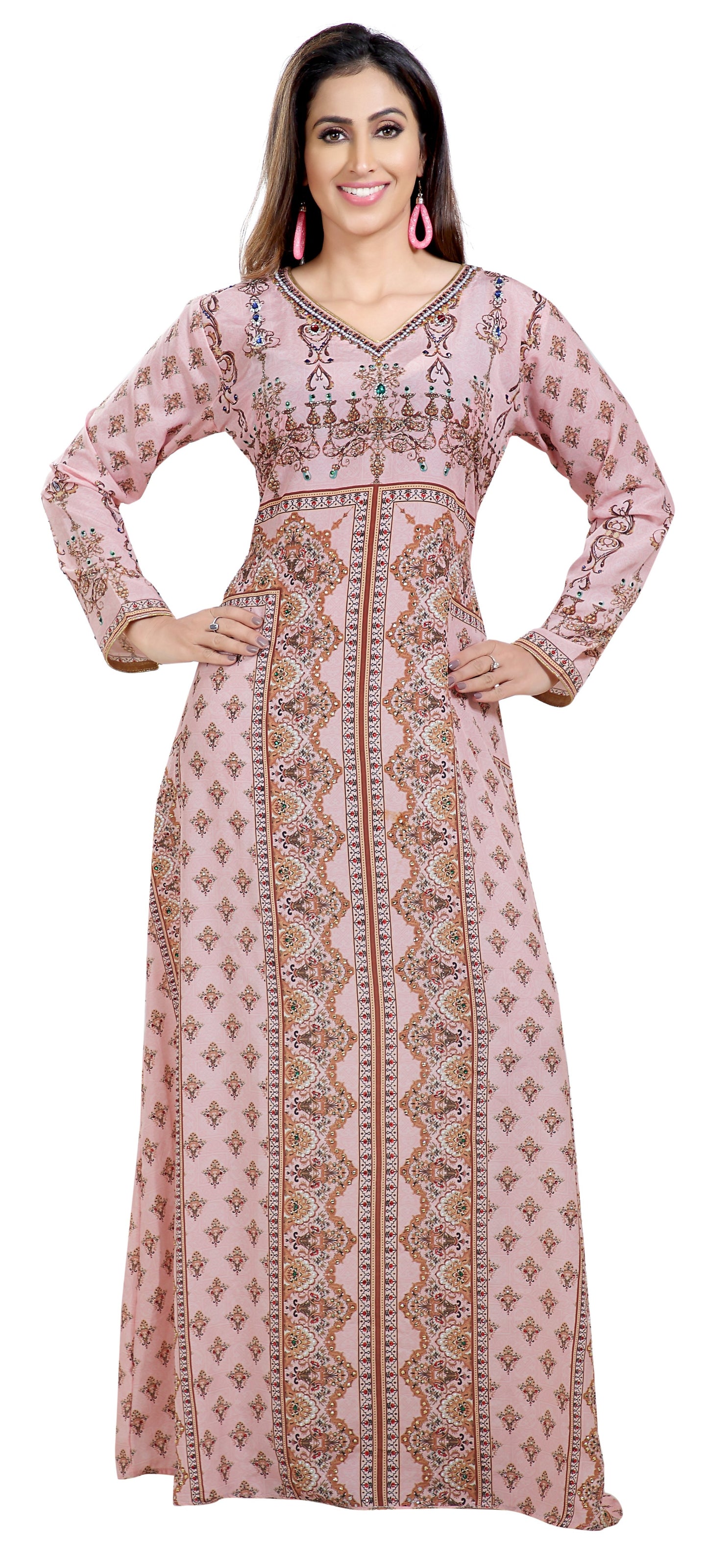 Light Pink Printed Kaftan with Green Embroidered Beads - Maxim Creation