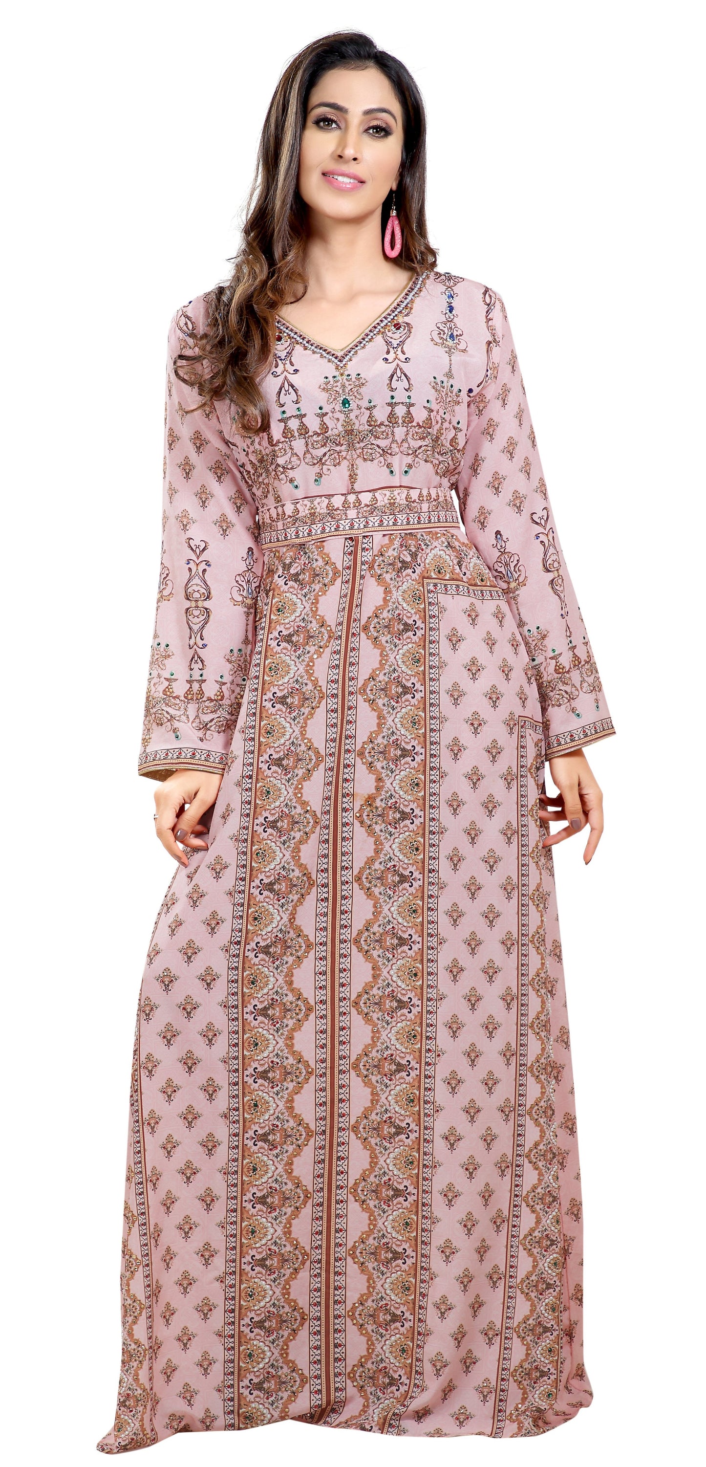 Light Pink Printed Kaftan with Green Embroidered Beads - Maxim Creation