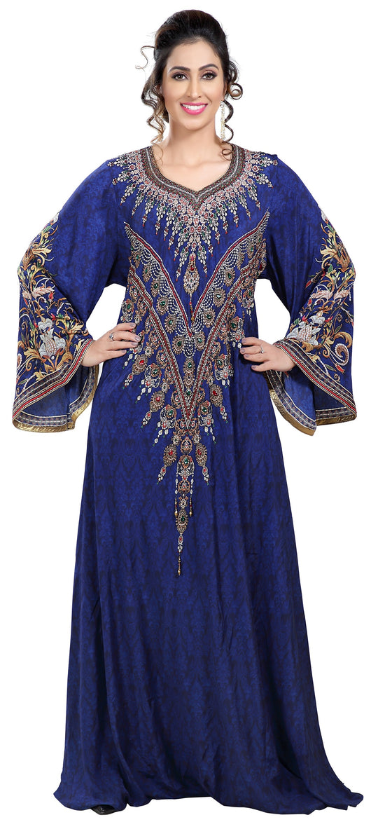 Royal Blue Arabian Digital Print Kaftan With Embroidered Belt - Maxim Creation