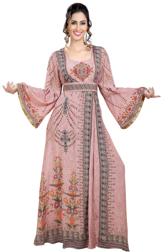 Light Pink Printed Kaftan With Crystal Luxe Beads - Maxim Creation