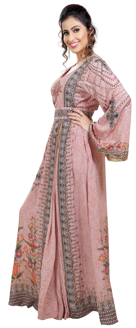 Light Pink Printed Kaftan With Crystal Luxe Beads - Maxim Creation