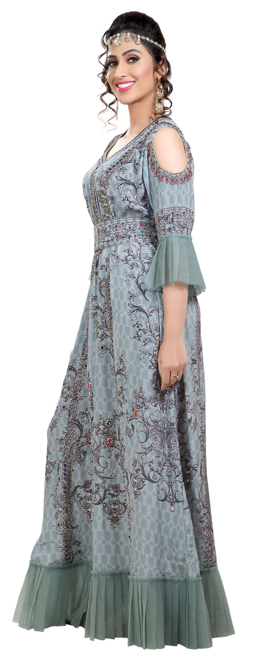Load image into Gallery viewer, Digital Printed Party Gown With Cold Shoulder Sleeves - Maxim Creation
