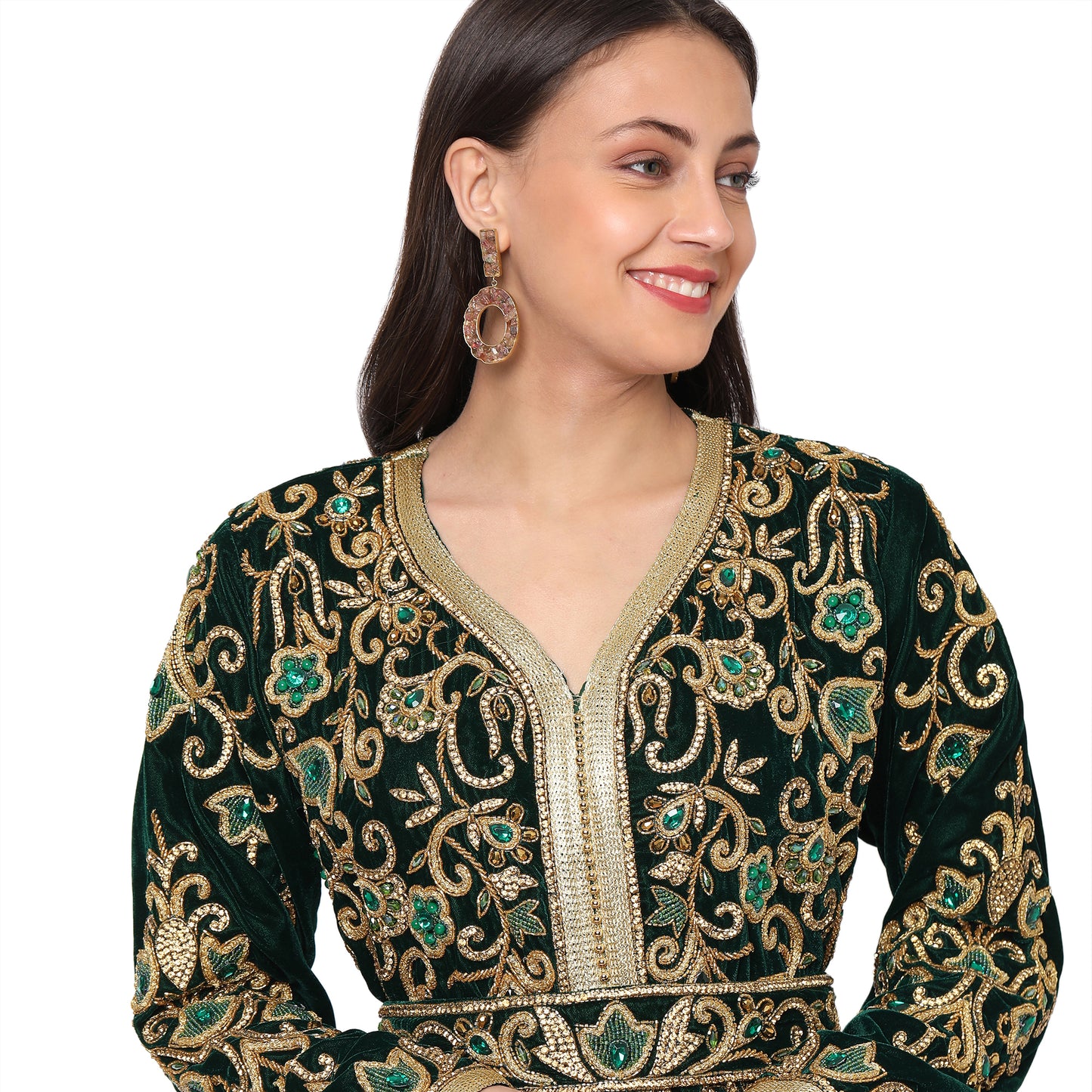 Designer Wedding Dress Crystal Embroidered Kaftan in Dark Green Velvet Maxim Creation Designer Wedding Dress Crystal Embroidered Kaftan in Dark Green Velvet Maxim Creation
