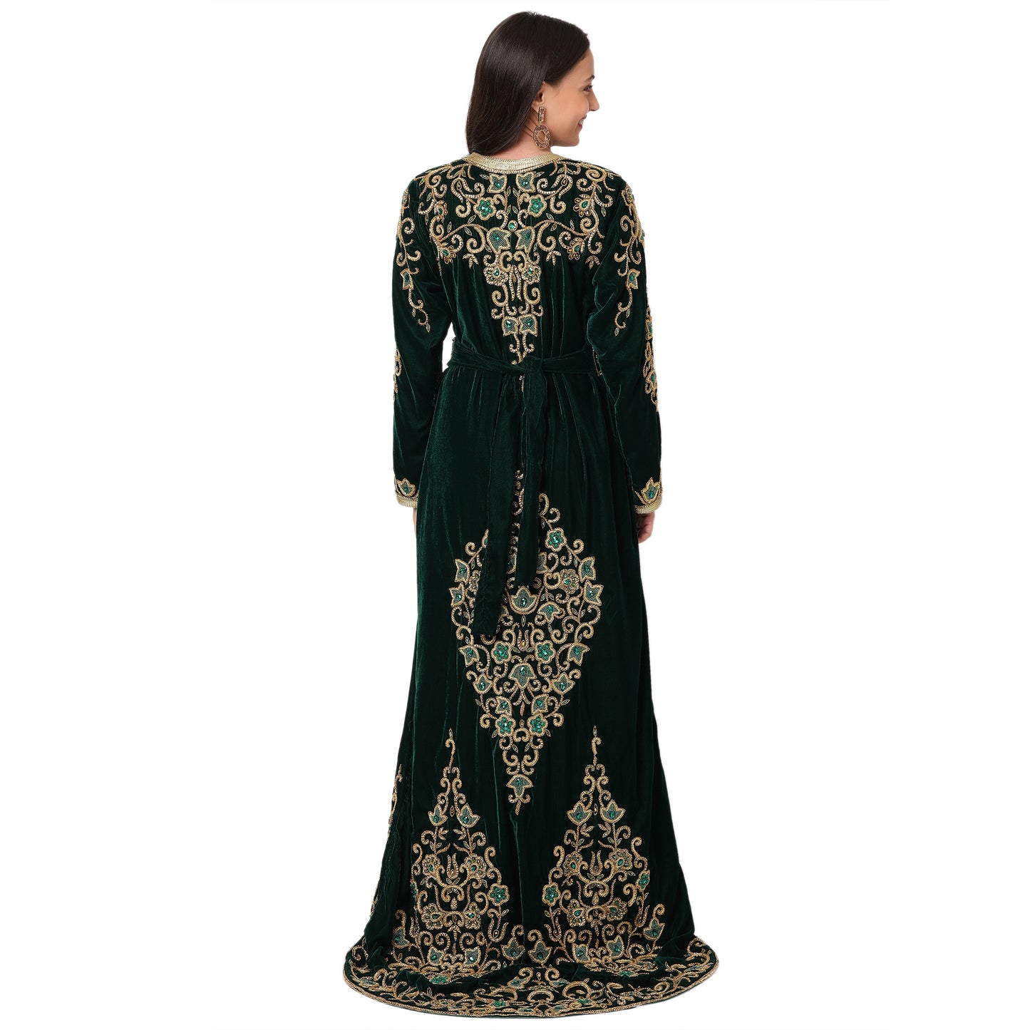 Designer Wedding Dress Crystal Embroidered Kaftan in Dark Green Velvet Maxim Creation Designer Wedding Dress Crystal Embroidered Kaftan in Dark Green Velvet Maxim Creation