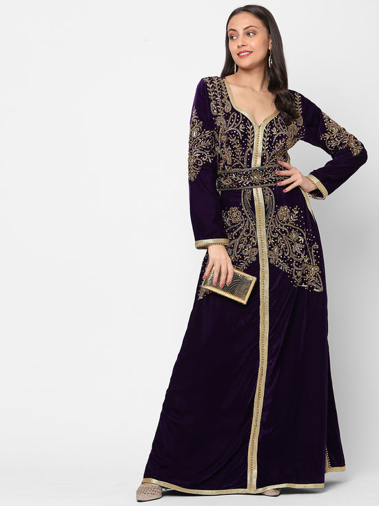 Designer Caftan Evening Party Gown in Purple Velvet - Maxim Creation