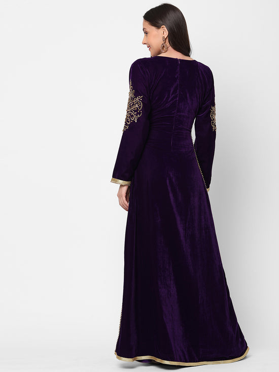 Load image into Gallery viewer, Designer Caftan Evening Party Gown in Purple Velvet - Maxim Creation
