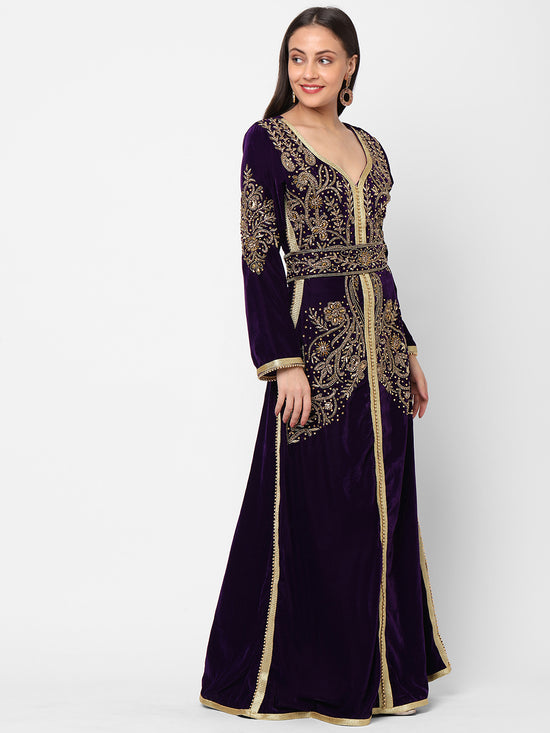 Load image into Gallery viewer, Designer Caftan Evening Party Gown in Purple Velvet - Maxim Creation
