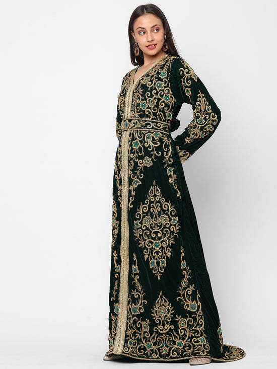 Designer Wedding Dress Crystal Embroidered Kaftan in Dark Green Velvet - Maxim Creation