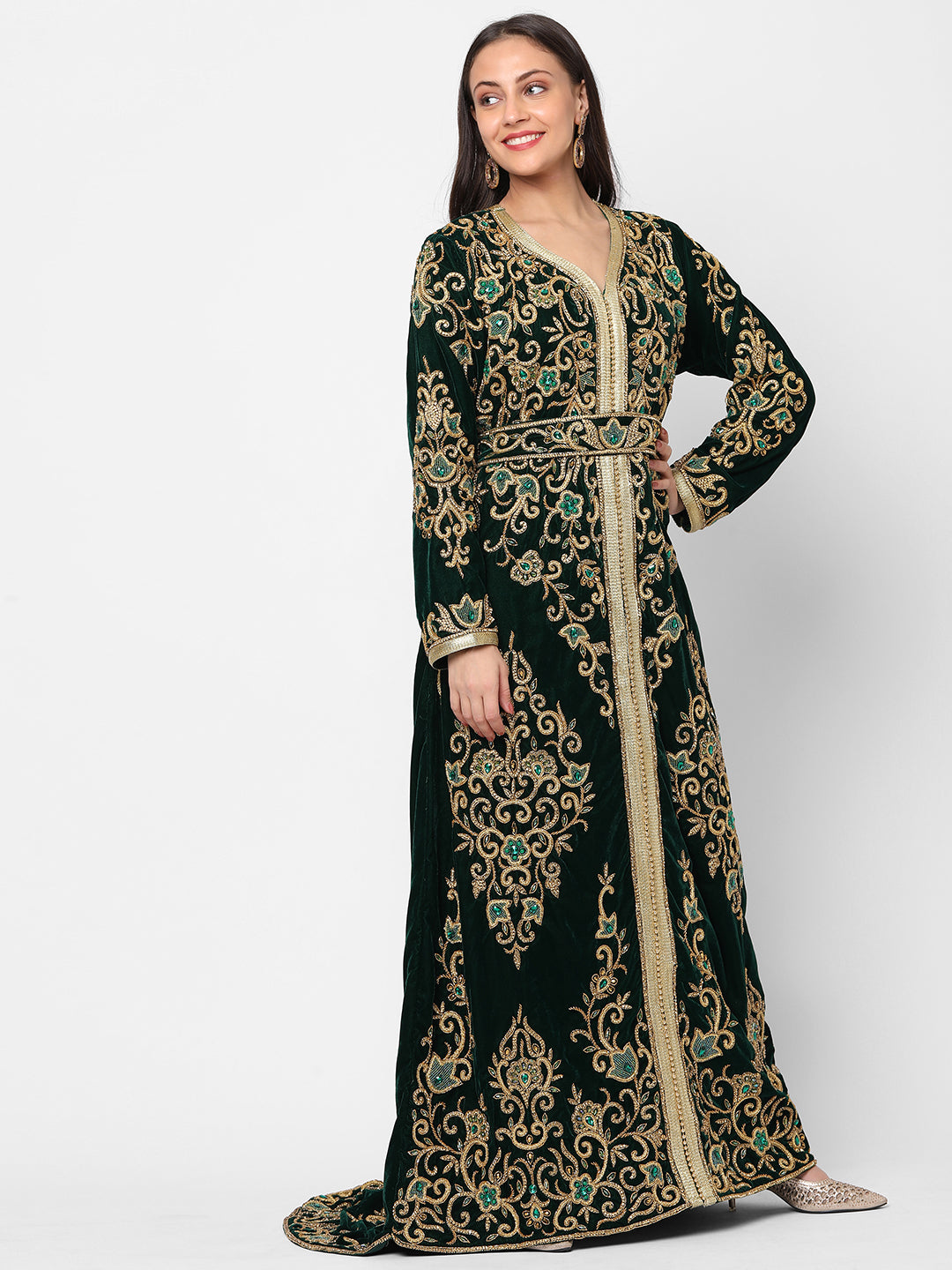 mira green velvet floral embroidered kaftan dress Mira Green Floral Embroidered Kaftan Dress with Pockets