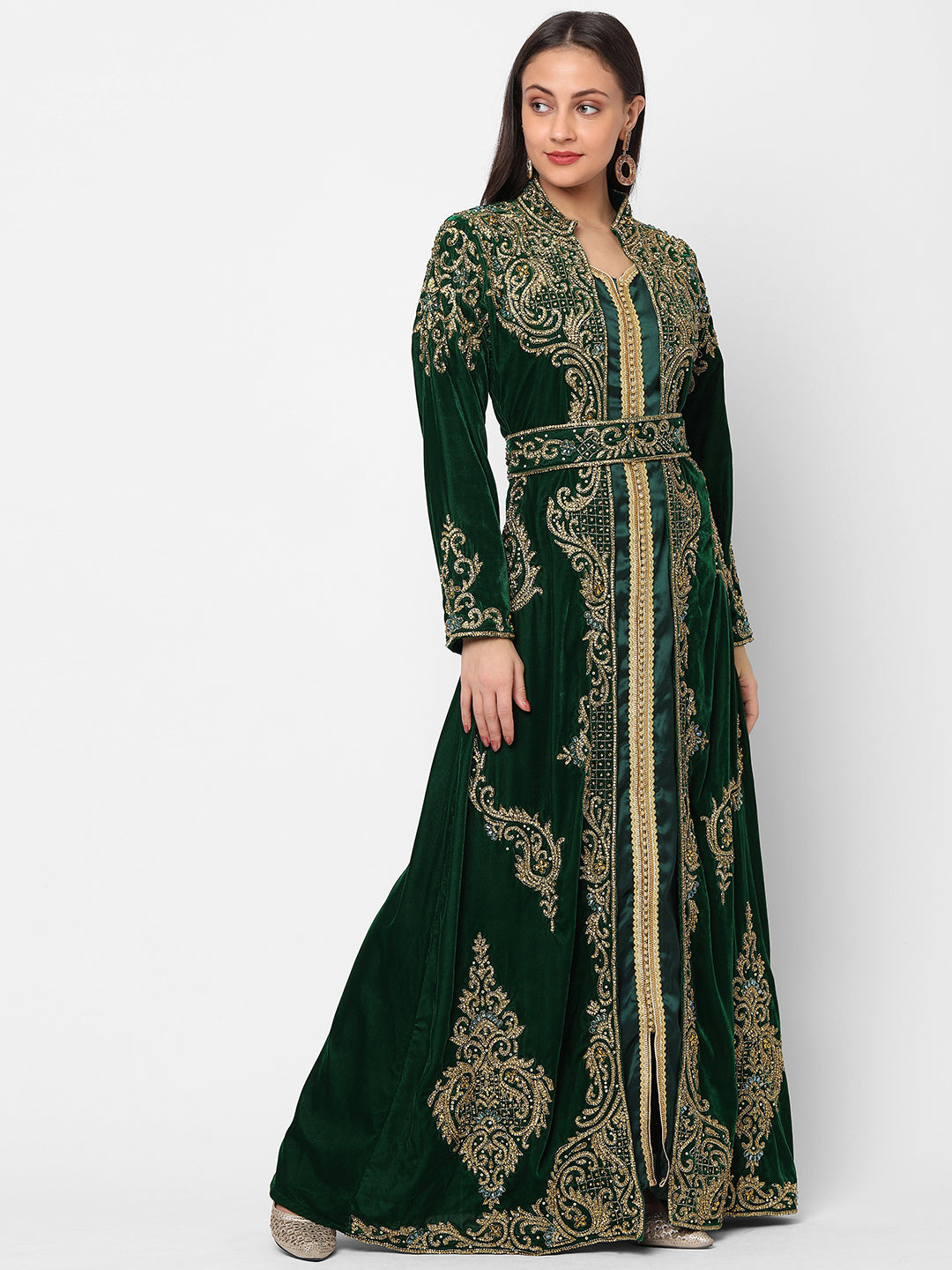 Designer Caftan Wedding Dress in Dark Green Velvet 3XL / 50 Inches / Matching Embroidered Scarf (24 X 71 Inches) Designer Caftan Wedding Dress in Dark Green Velvet 3XL / 50 Inches / Matching Embroidered Scarf (24 X 71 Inches)
