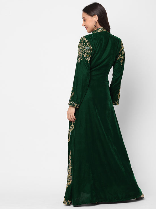 Designer Caftan Wedding Dress in Dark Green Velvet - Maxim Creation