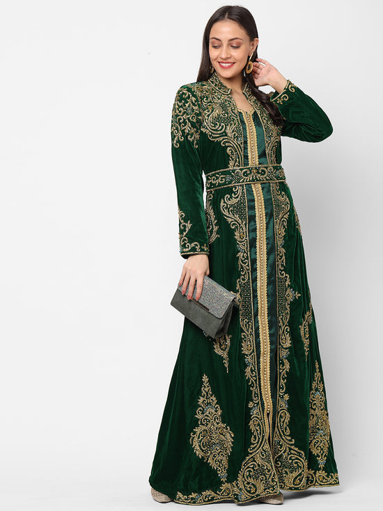 Designer Caftan Wedding Dress in Dark Green Velvet - Maxim Creation