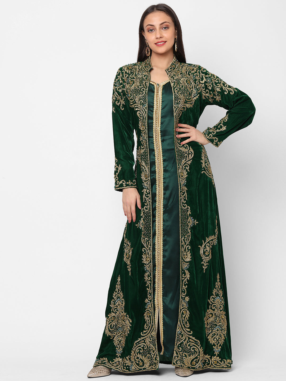 Designer Caftan Wedding Dress in Dark Green Velvet 3XL / 50 Inches / Matching Embroidered Scarf (24 X 71 Inches) Designer Caftan Wedding Dress in Dark Green Velvet 3XL / 50 Inches / Matching Embroidered Scarf (24 X 71 Inches)