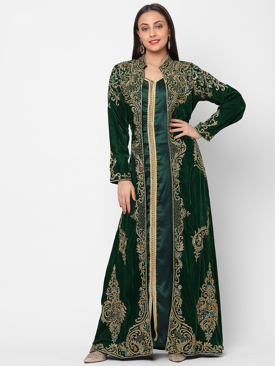 Mriganka Satin Handcrafted and Embroidered Dark Green Dress – EAST & GRACE