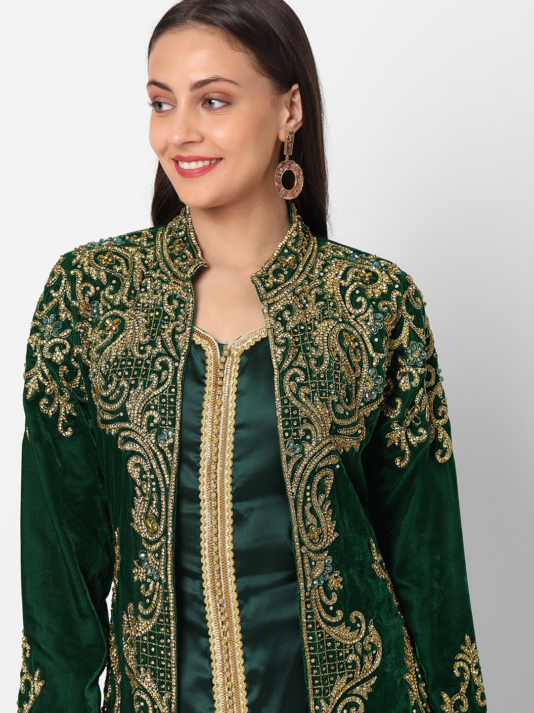 Designer Caftan Wedding Dress in Dark Green Velvet 3XL / 50 Inches / Matching Embroidered Scarf (24 X 71 Inches) Designer Caftan Wedding Dress in Dark Green Velvet 3XL / 50 Inches / Matching Embroidered Scarf (24 X 71 Inches)
