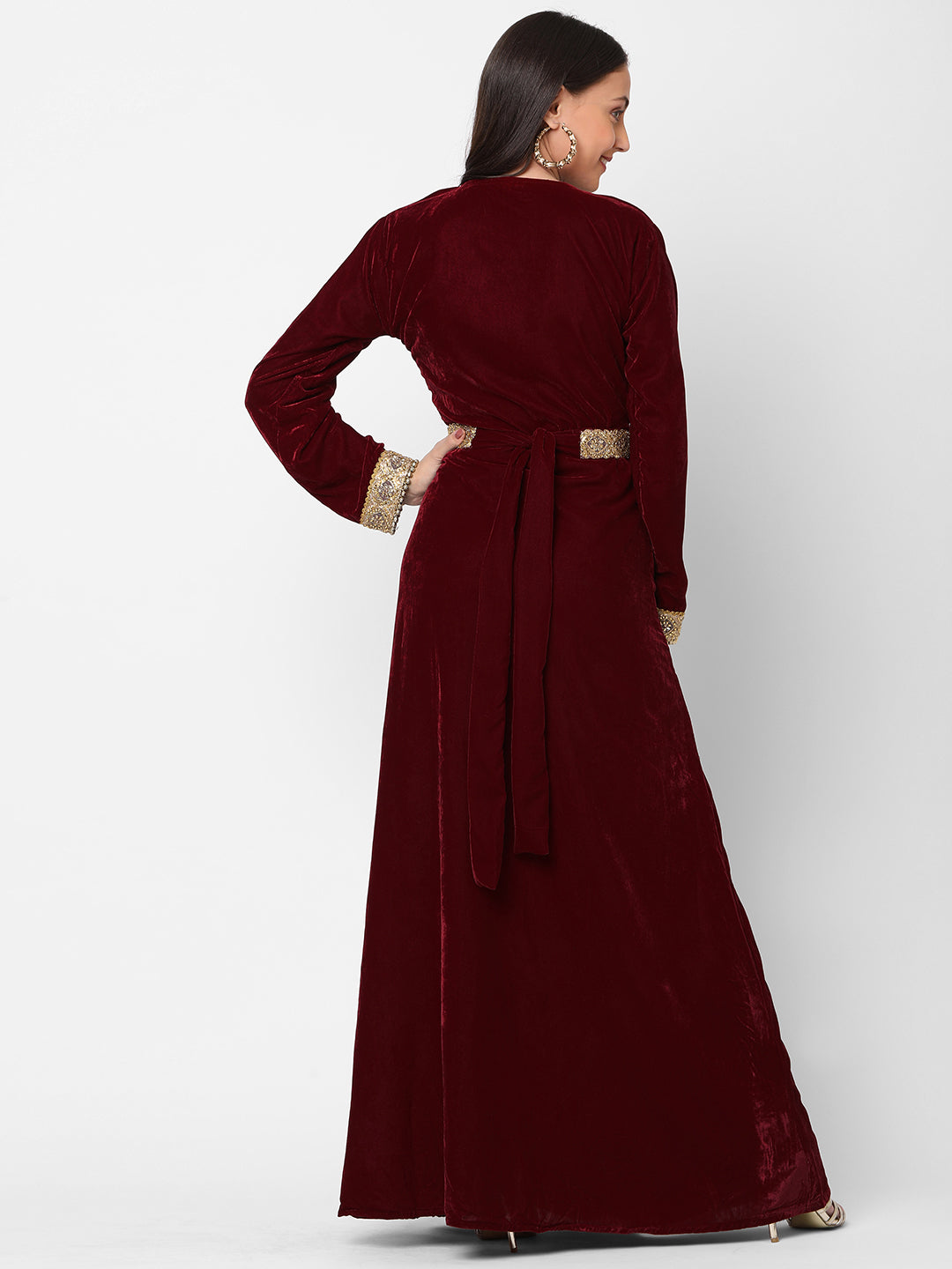 Designer Gown In Velvet Long Sleeve Maxi In Maroon Velvet XL / 52 Inches / Matching Embroidered Scarf (24 X 71 Inches) Designer Gown In Velvet Long Sleeve Maxi In Maroon Velvet XL / 52 Inches / Matching Embroidered Scarf (24 X 71 Inches)