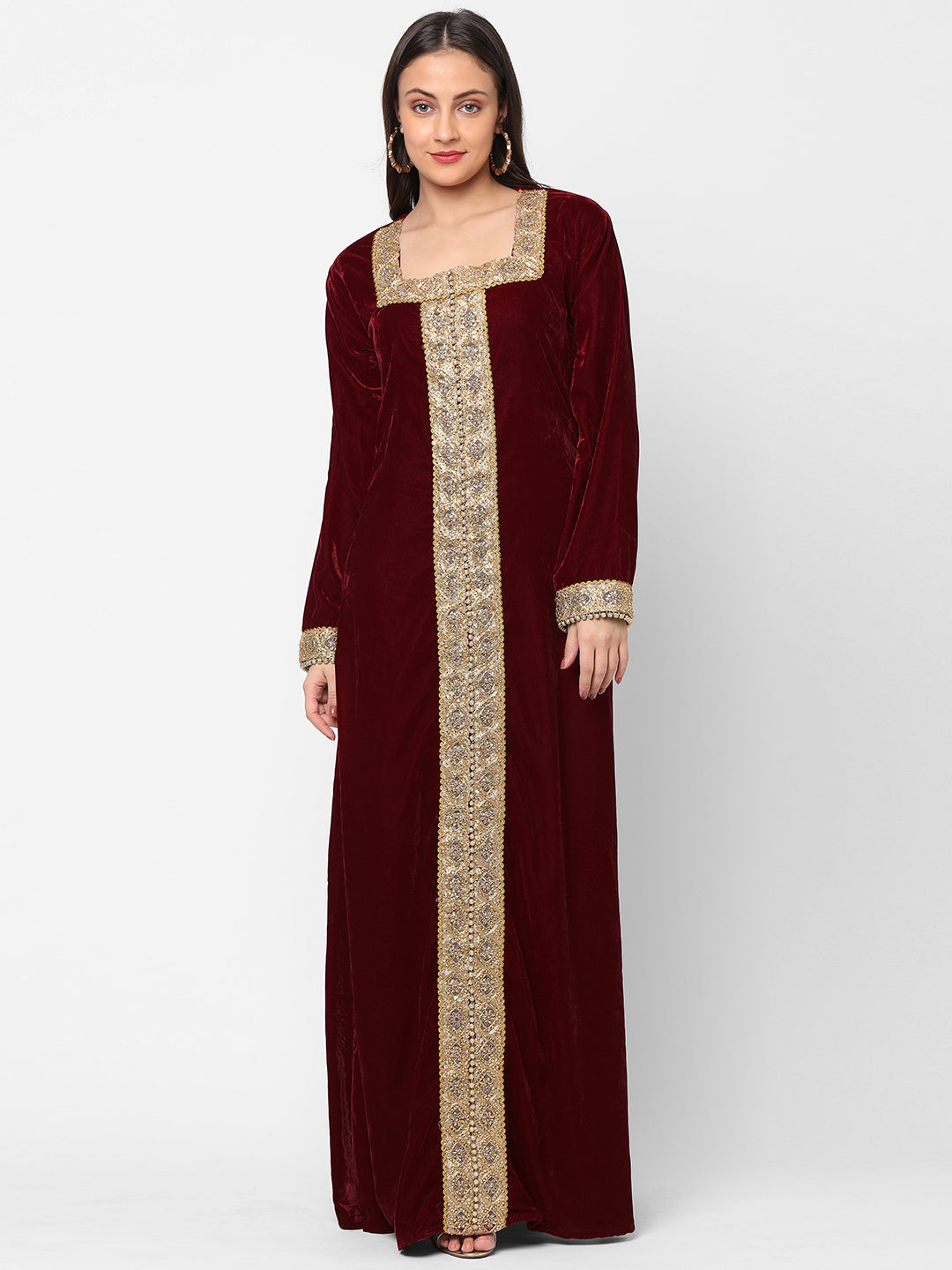 Load image into Gallery viewer, Designer Gown In Velvet Long Sleeve Maxi in Maroon Velvet - Maxim Creation
