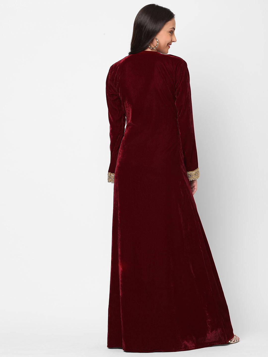 Designer Gown in Velvet Long Sleeve Maxi in Maroon Velvet Designer Gown in Velvet Long Sleeve Maxi in Maroon Velvet