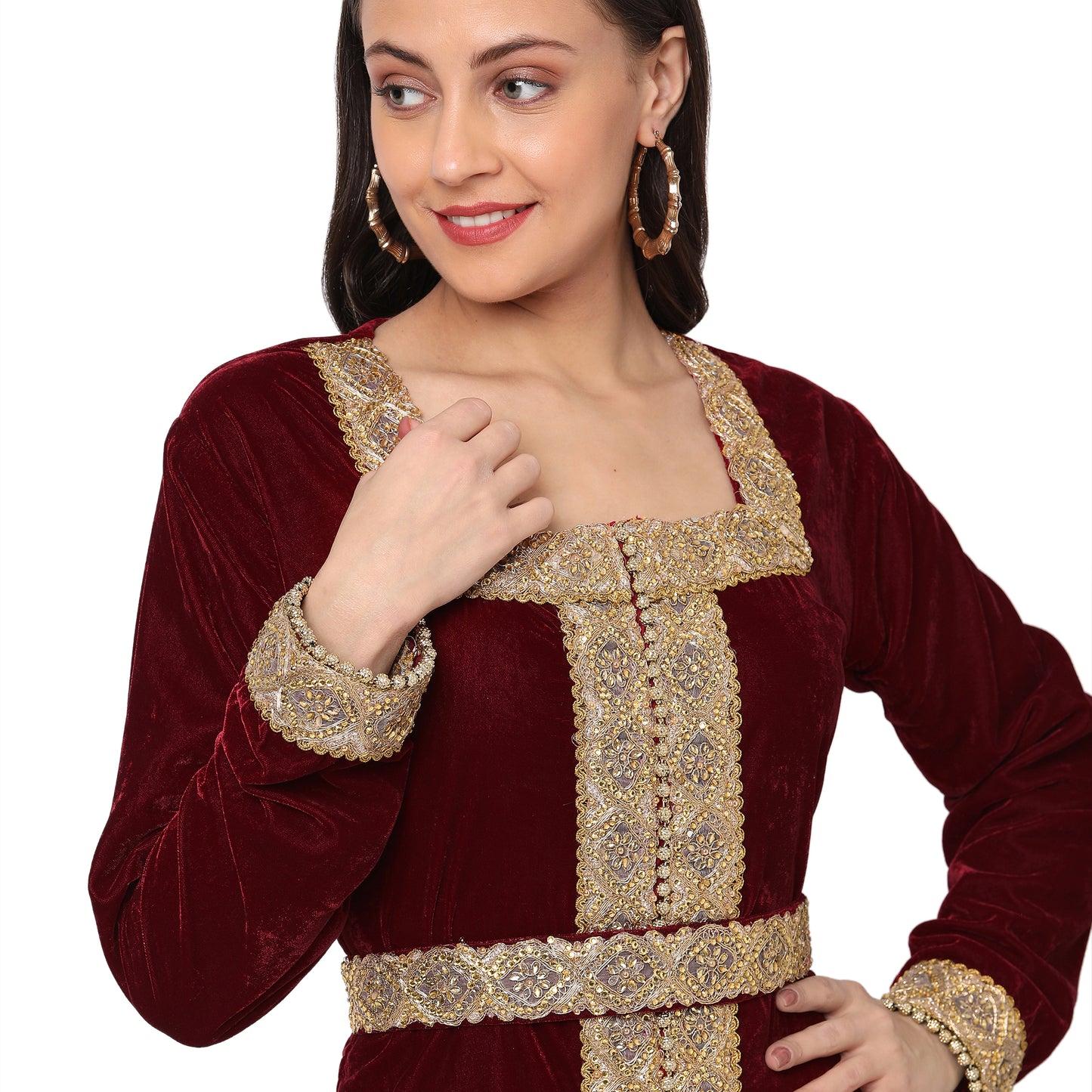 Designer Gown In Velvet Long Sleeve Maxi In Maroon Velvet Designer Gown In Velvet Long Sleeve Maxi In Maroon Velvet