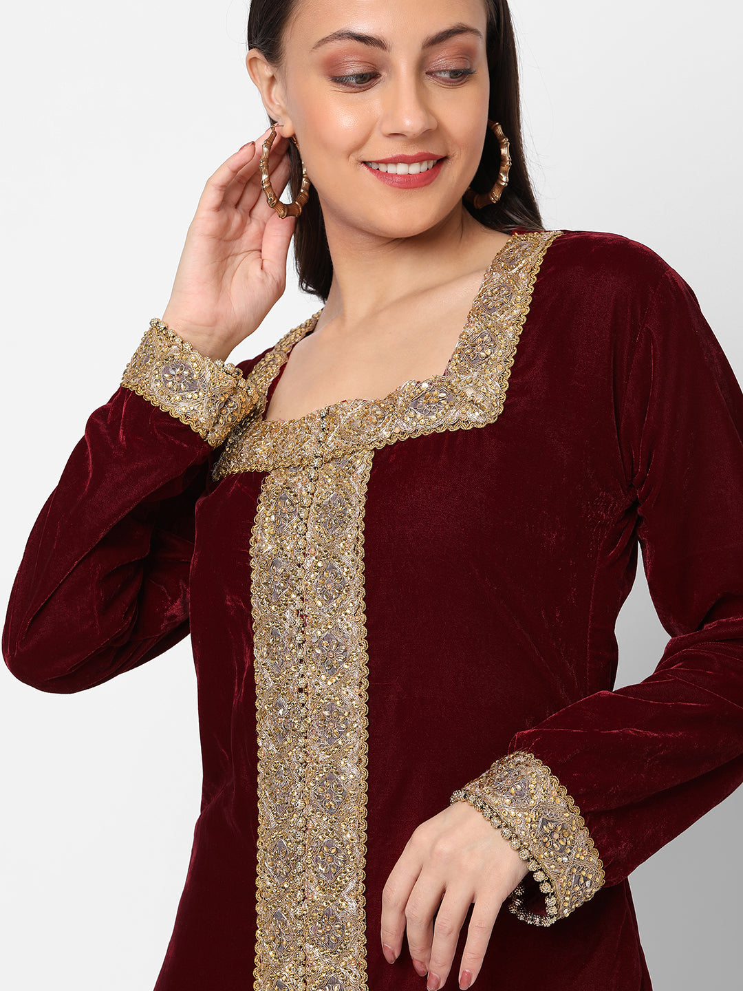 Designer Gown In Velvet Long Sleeve Maxi In Maroon Velvet XL / 52 Inches / Matching Embroidered Scarf (24 X 71 Inches) Designer Gown In Velvet Long Sleeve Maxi In Maroon Velvet XL / 52 Inches / Matching Embroidered Scarf (24 X 71 Inches)