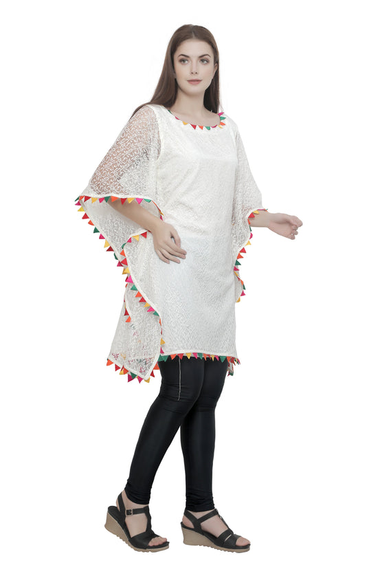Load image into Gallery viewer, Cream Floral Net Beach Caftan with Colorful Trim - Maxim Creation
