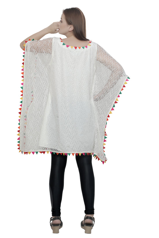 Load image into Gallery viewer, Cream Floral Net Beach Caftan with Colorful Trim - Maxim Creation
