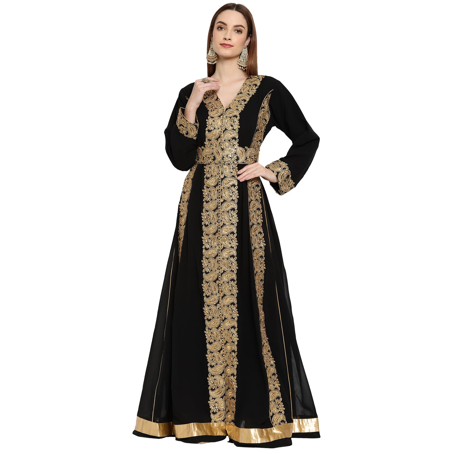 Evening Gown Djellaba Maxi Dress in Black Georgette Evening Gown Djellaba Maxi Dress in Black Georgette