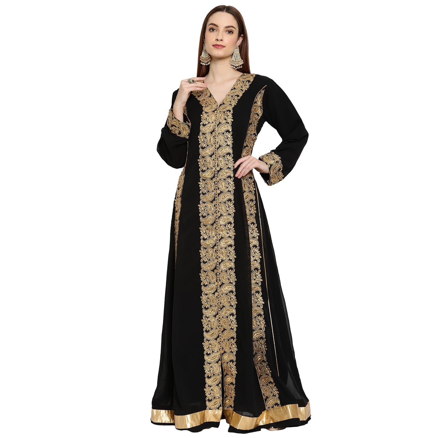 black and gold embroidered maxi dress Black & Gold Embroidered Kaftan Dress: Open Back Rayon Maxi